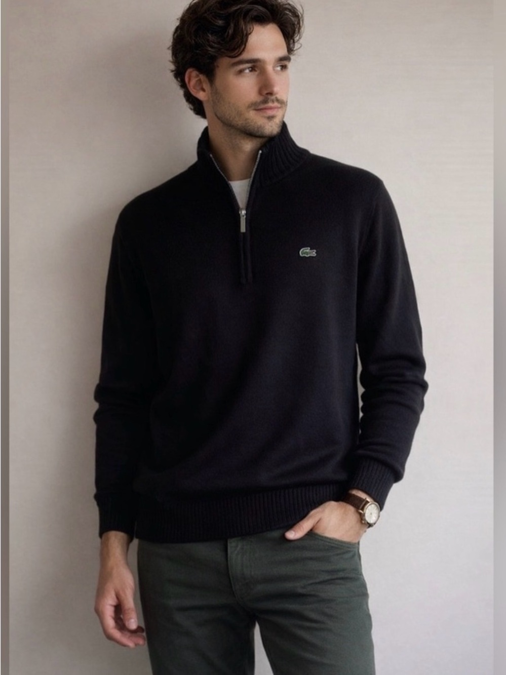 Lacoste Mens Size 8 3XL Black 100% Cotton Quarter‎ Zip Pullover Sweater